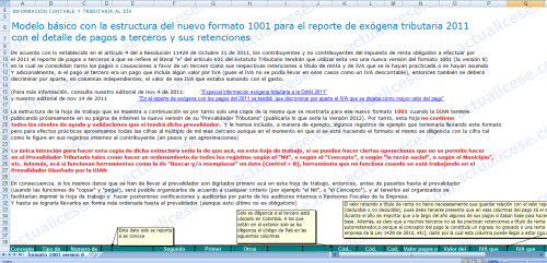 Modelo básico con la estructura del nuevo formato 1001 para el reporte de exógena tributaria 2011 con el detalle de pagos a terceros y sus retenciones