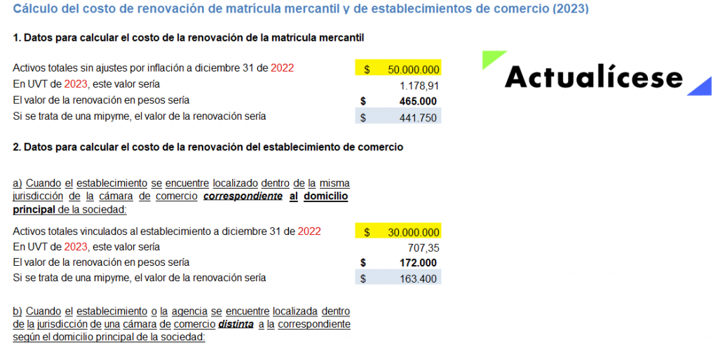 Liquidador del costo de renovación de matrícula mercantil y de