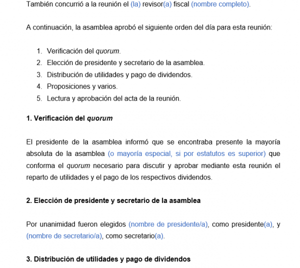 Modelo De Acta De Distribuci N De Utilidades Y Pago De Dividendos