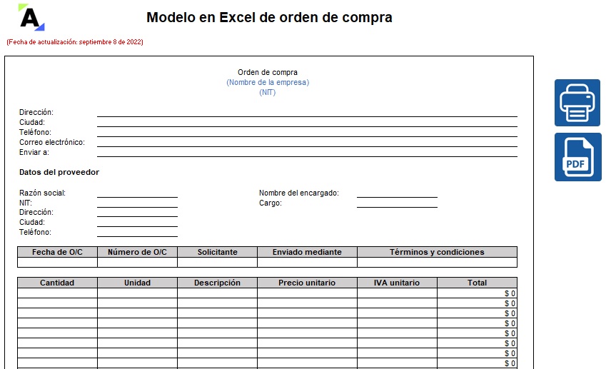 Modelo en Excel de orden de compra
