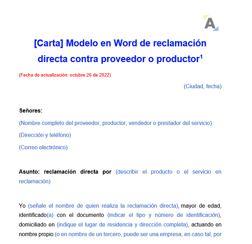 [Carta] Modelo en Word de reclamación directa contra proveedor o productor