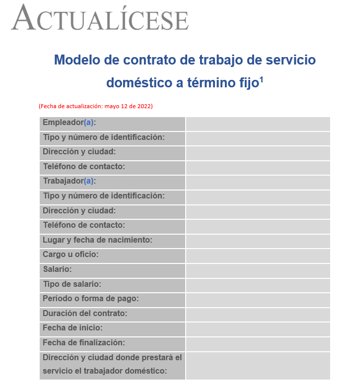 Modelo de contrato de trabajo de servicio doméstico a término fijo