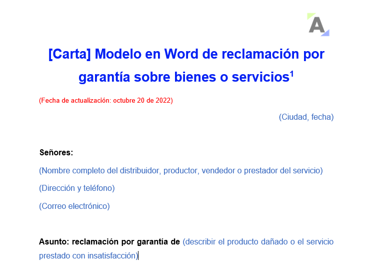 Modelo en Word de reclamación por garantía sobre bienes o servicios