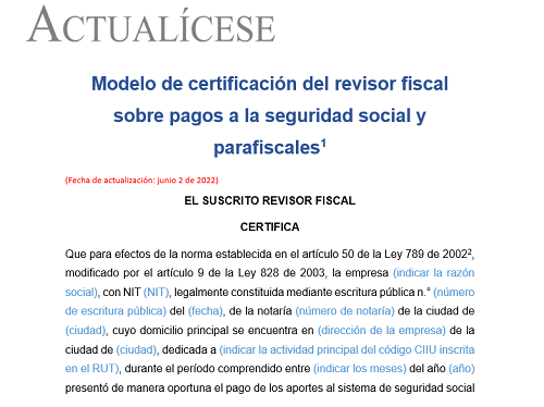 Modelo de certificación del revisor fiscal sobre pagos a la seguridad social y parafiscales