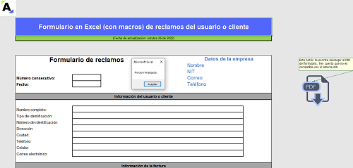 Formulario en Excel (con macros) de reclamos del usuario o cliente