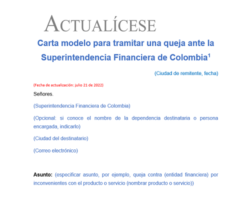 Modelo para tramitar una queja ante la Superintendencia Financiera de Colombia