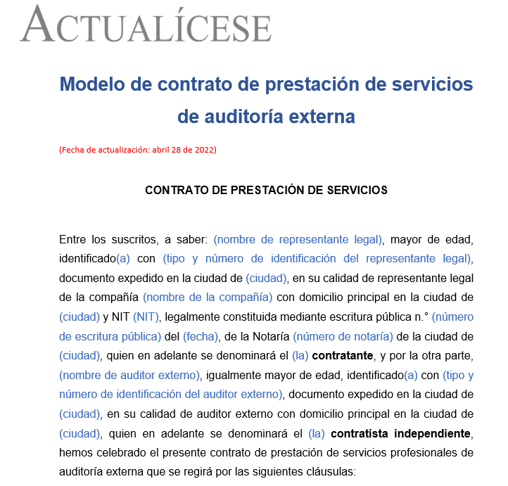 Modelo de contrato de prestación de servicios de auditoría externa