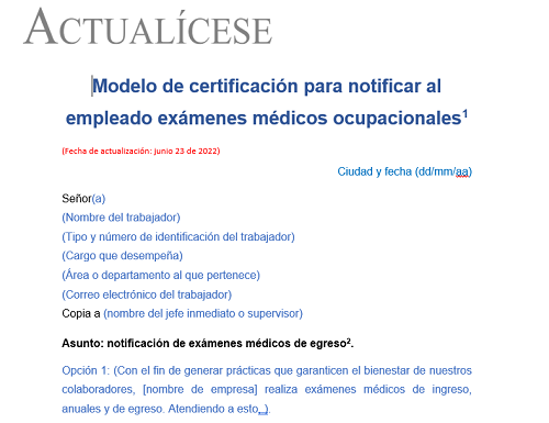 Modelo de certificación para notificar al empleado exámenes médicos ocupacionales