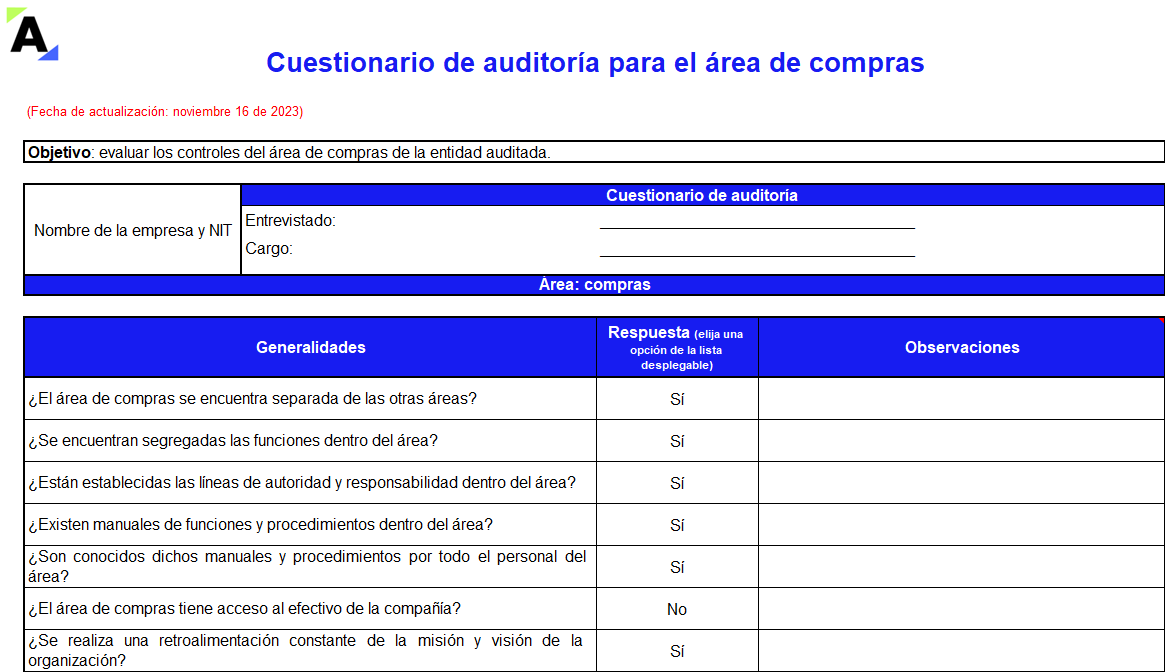 Cuestionario de auditoría y control interno para el área de compras