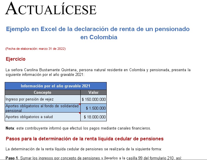 Ejemplo en Excel de la declaración de renta de un pensionado en Colombia