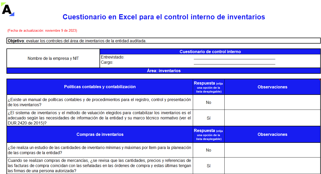 Cuestionario en Excel para el control interno de inventarios