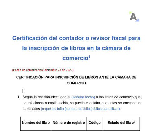 Certificación del contador o revisor fiscal para la inscripción de libros en la cámara de comercio