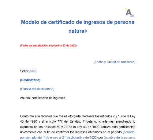 Modelo de certificado de ingresos de persona natural