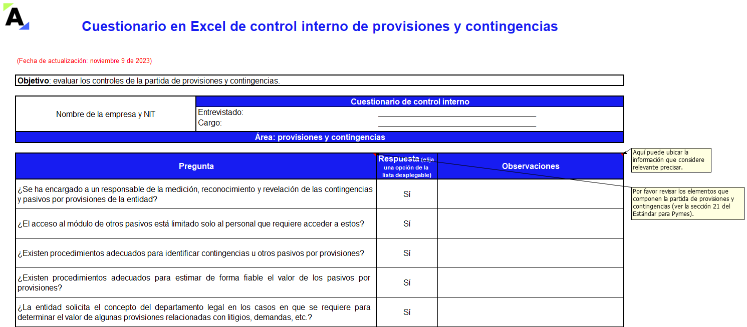Cuestionario en Excel de control interno de provisiones y contingencias