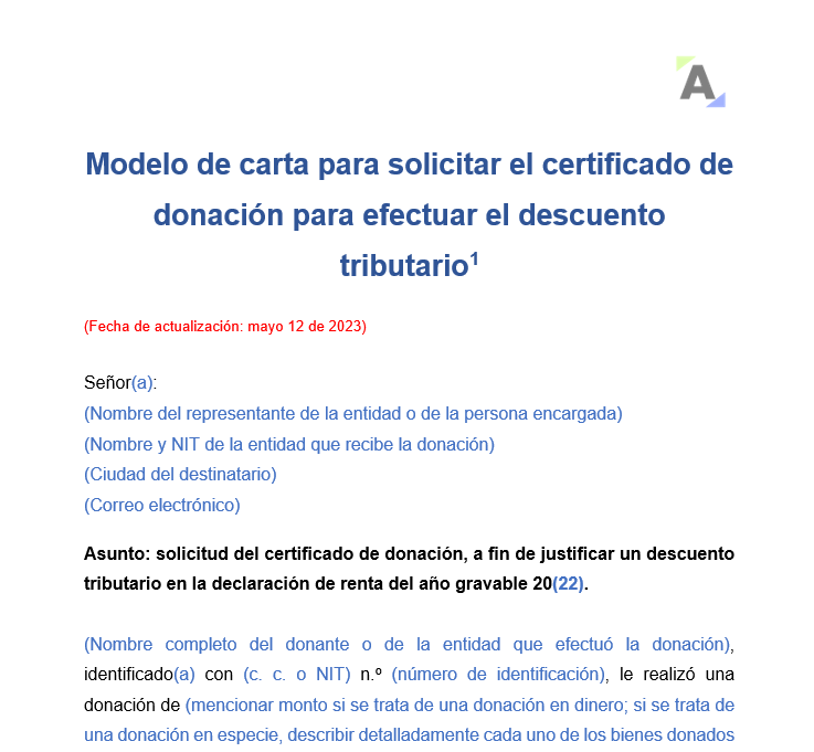 Modelo de carta para solicitar el certificado de donación para efectuar el descuento tributario