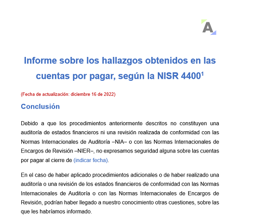 Informe sobre los hallazgos obtenidos en las cuentas por pagar, según la NISR 4400