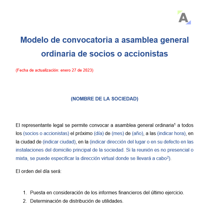 Modelo de convocatoria a asamblea general ordinaria de socios o accionistas