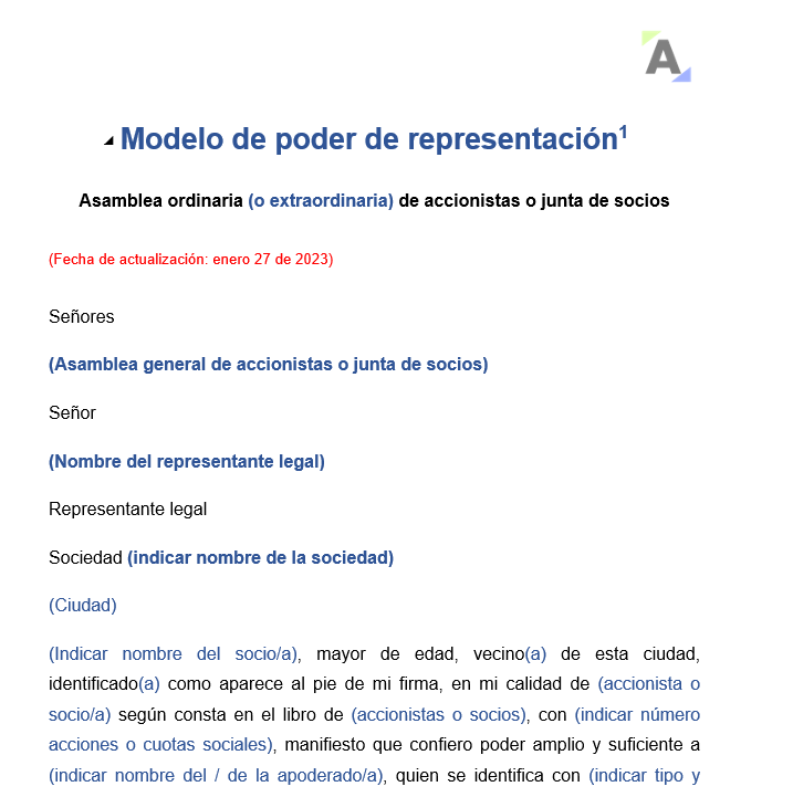 Modelo de poder de representación en asamblea de accionistas o junta de socios