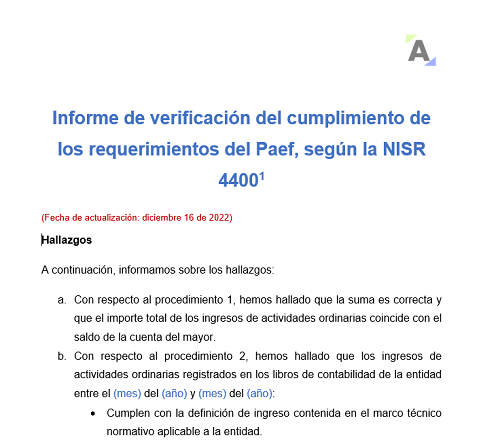 Informe de verificación del cumplimiento de los requerimientos del Paef, según la NISR 4400