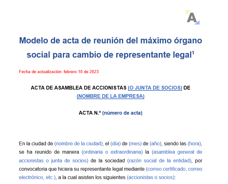 Modelo de acta de reunión del máximo órgano social para cambio de representante legal