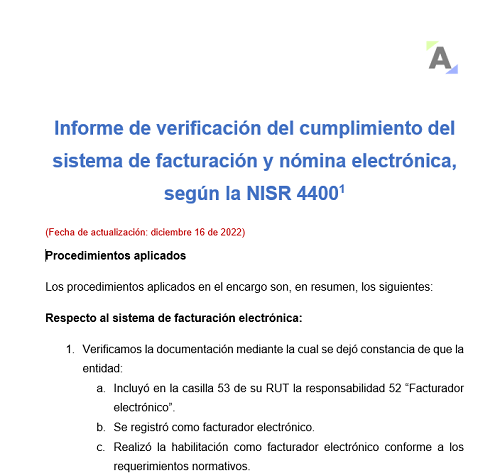 Informe de verificación del cumplimiento del sistema de facturación y nómina electrónica, según la NISR 4400
