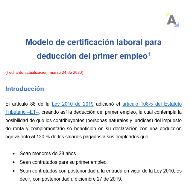 Modelo de certificación laboral para deducción del primer empleo