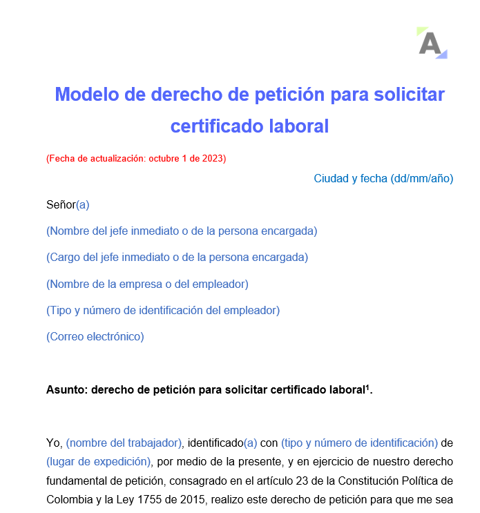 Modelo de derecho de petición para solicitar certificado laboral  