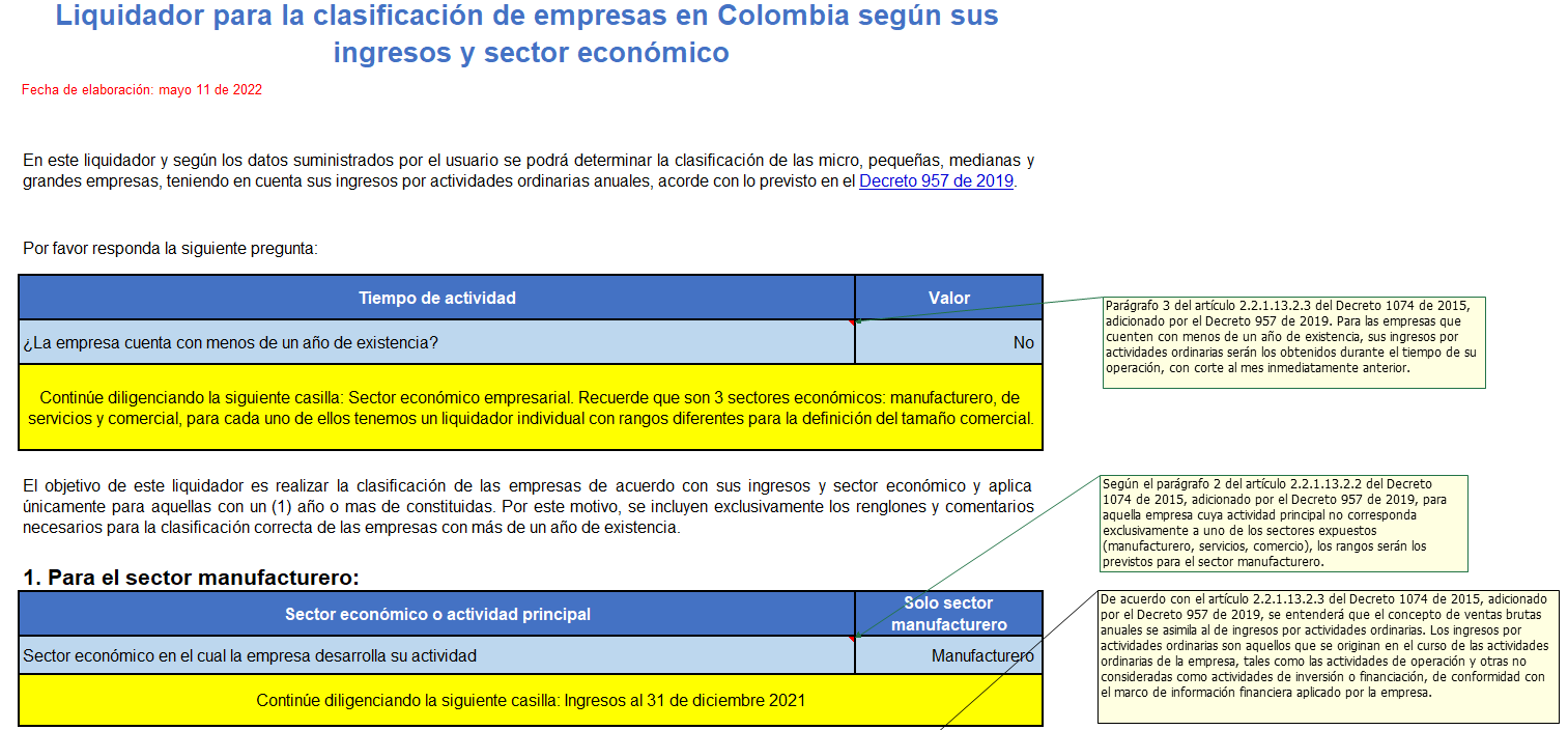 Liquidador para la clasificación de empresas en Colombia según sus ingresos y sector económico
