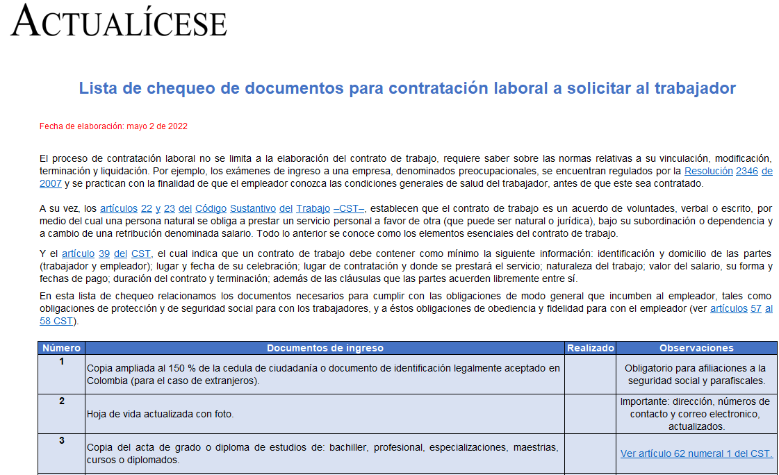 Lista de chequeo de documentos para contratación laboral a solicitar al trabajador