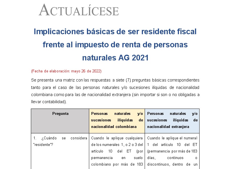 Implicaciones básicas de ser residente fiscal frente al impuesto de renta de personas naturales AG 2021