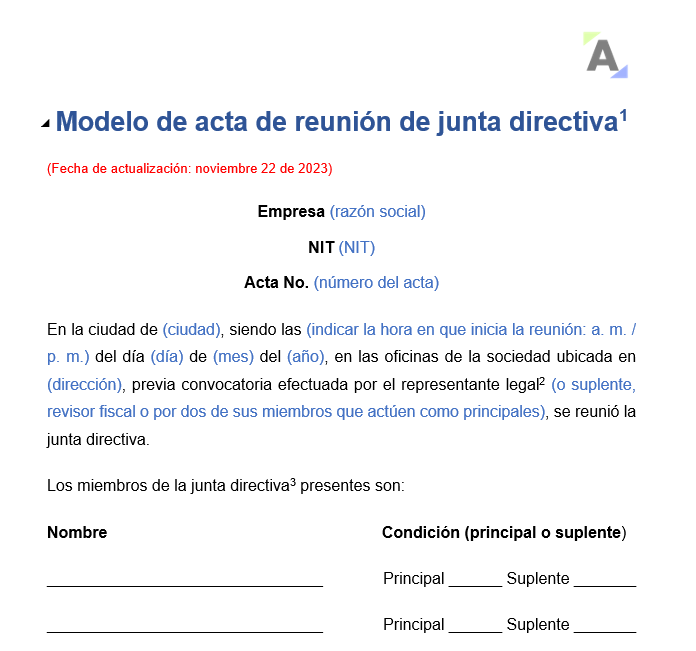 Modelo de acta de reunión de junta directiva