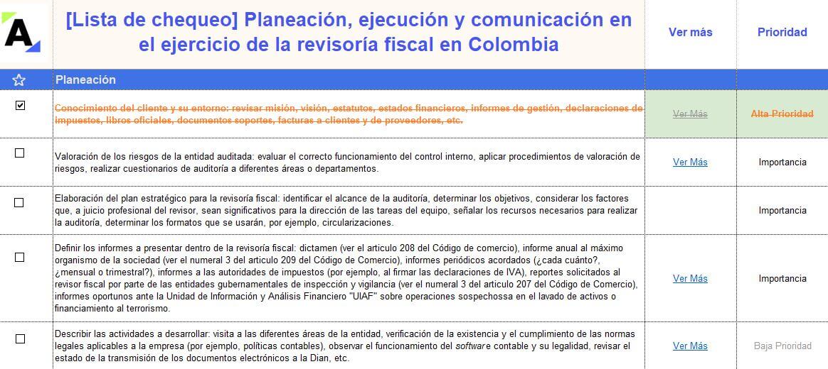 [Lista de chequeo] Planeación, ejecución y comunicación en el ejercicio de la revisoría fiscal en Colombia