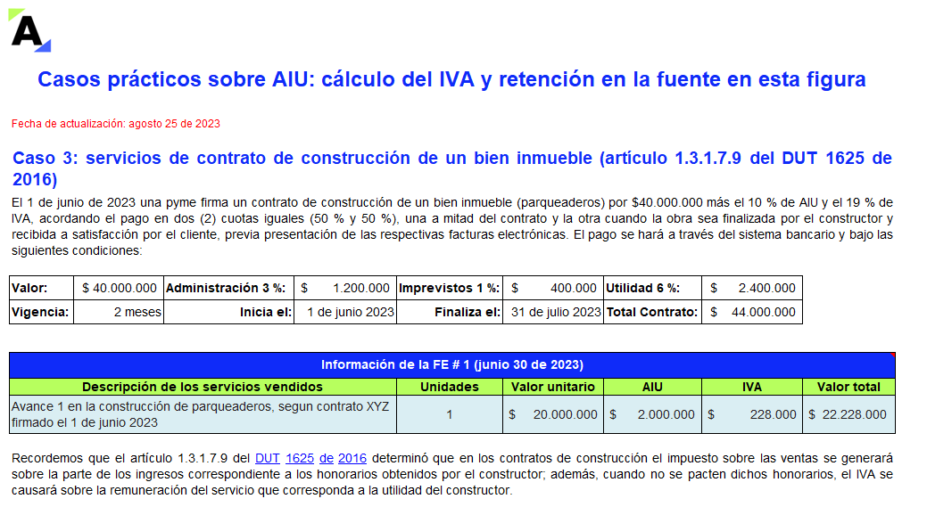 Casos prácticos sobre AIU: cálculo del IVA y retención en la fuente en esta figura
