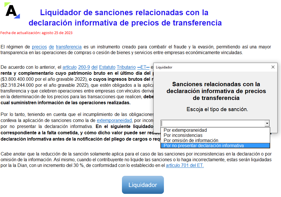 Liquidador (con macros) de sanciones relacionadas con la declaración informativa de precios de transferencia