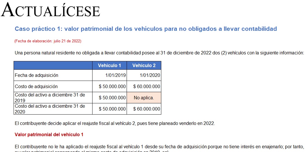 Casos prácticos del valor patrimonial de los vehículos en la declaración de renta de personas naturales