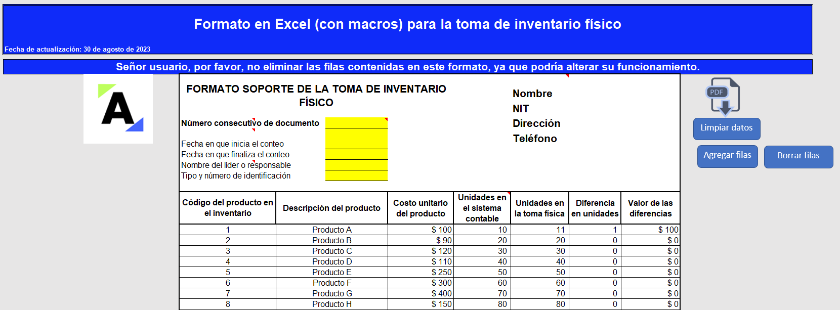 Formato en Excel para la toma de inventario físico (con macros)