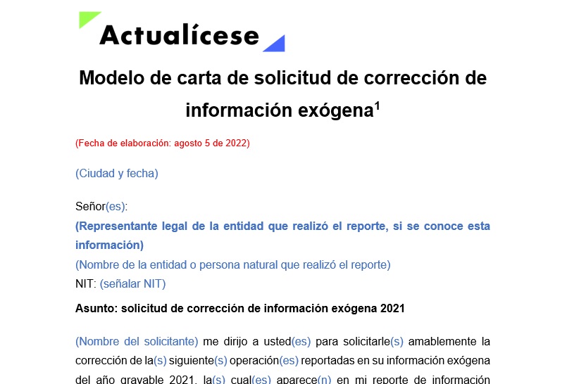 Modelo De Carta De Solicitud De Corrección De Información Exógena Actualícese 3595