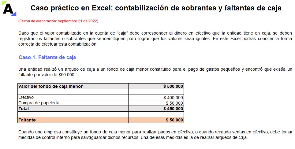 Caso práctico en Excel: contabilización de sobrantes y faltantes de caja