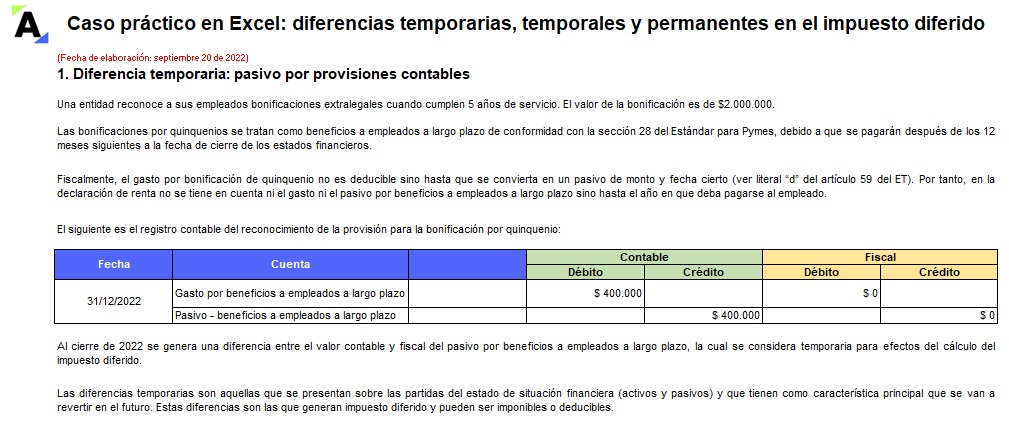 Caso práctico en Excel de evaluación de diferencias temporarias, temporales y permanentes