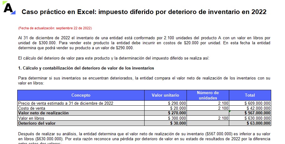 Caso práctico en Excel: impuesto diferido por deterioro de inventario en 2022