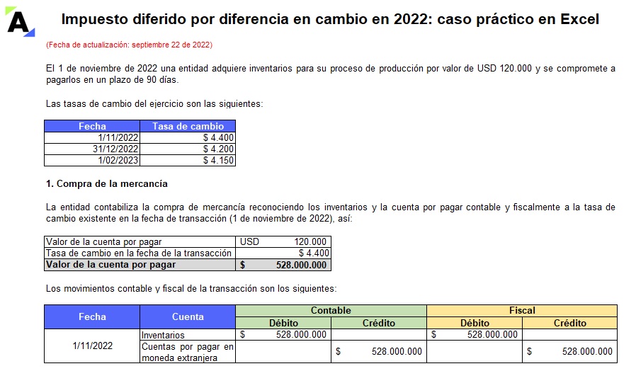 Impuesto diferido por diferencia en cambio en 2022: caso práctico en Excel