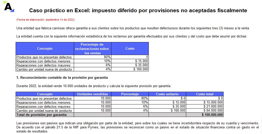Caso práctico en Excel: impuesto diferido por provisiones no aceptadas fiscalmente