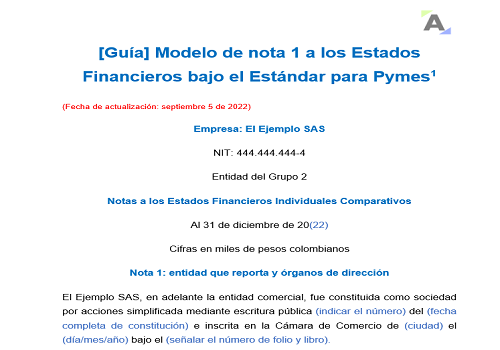 Modelo de nota 1 a los Estados Financieros bajo el Estándar para Pymes