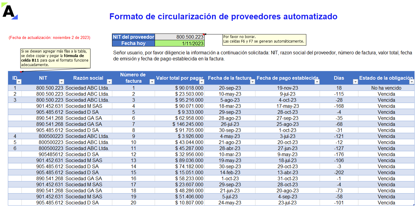 Formato en Excel de circularización de proveedores automatizado