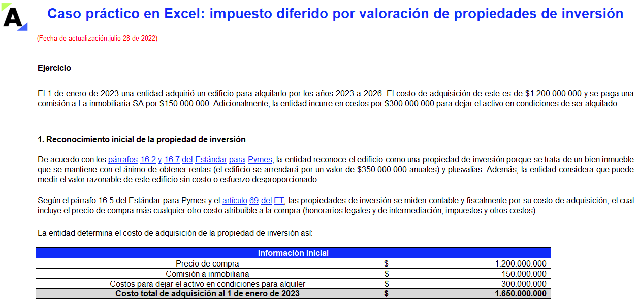 Caso práctico en Excel: impuesto diferido por valoración de propiedades de inversión