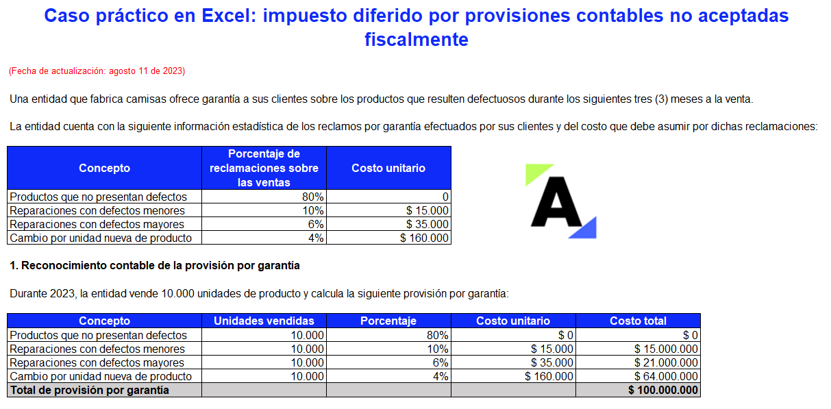 Caso práctico en Excel: impuesto diferido por provisiones contables no aceptadas fiscalmente