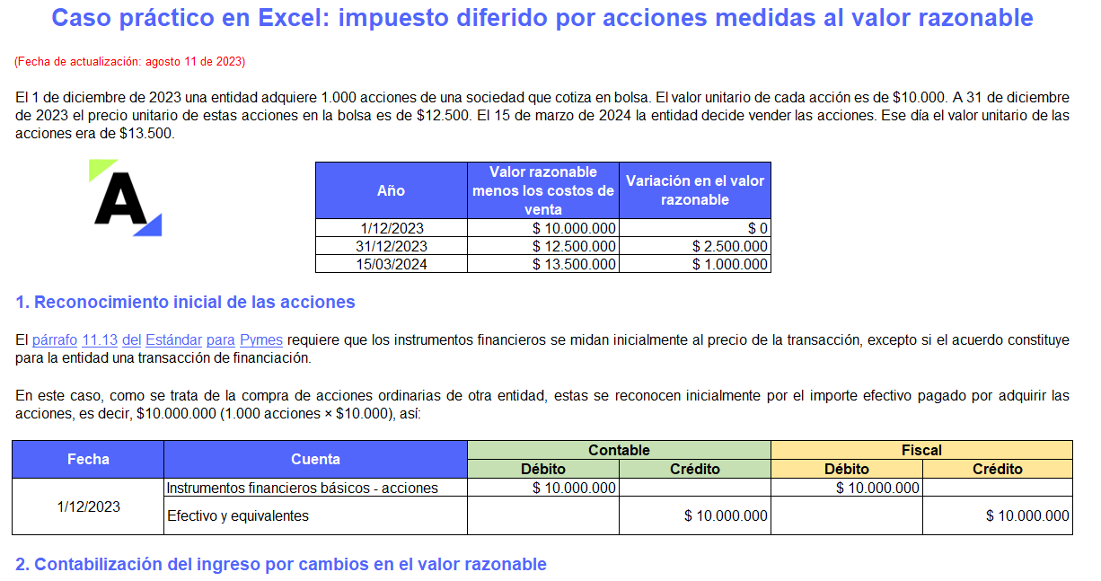 Caso práctico en Excel de impuesto diferido por acciones medidas a valor razonable