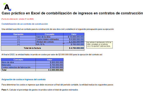 Caso práctico en Excel de contabilización de ingresos en contratos de construcción