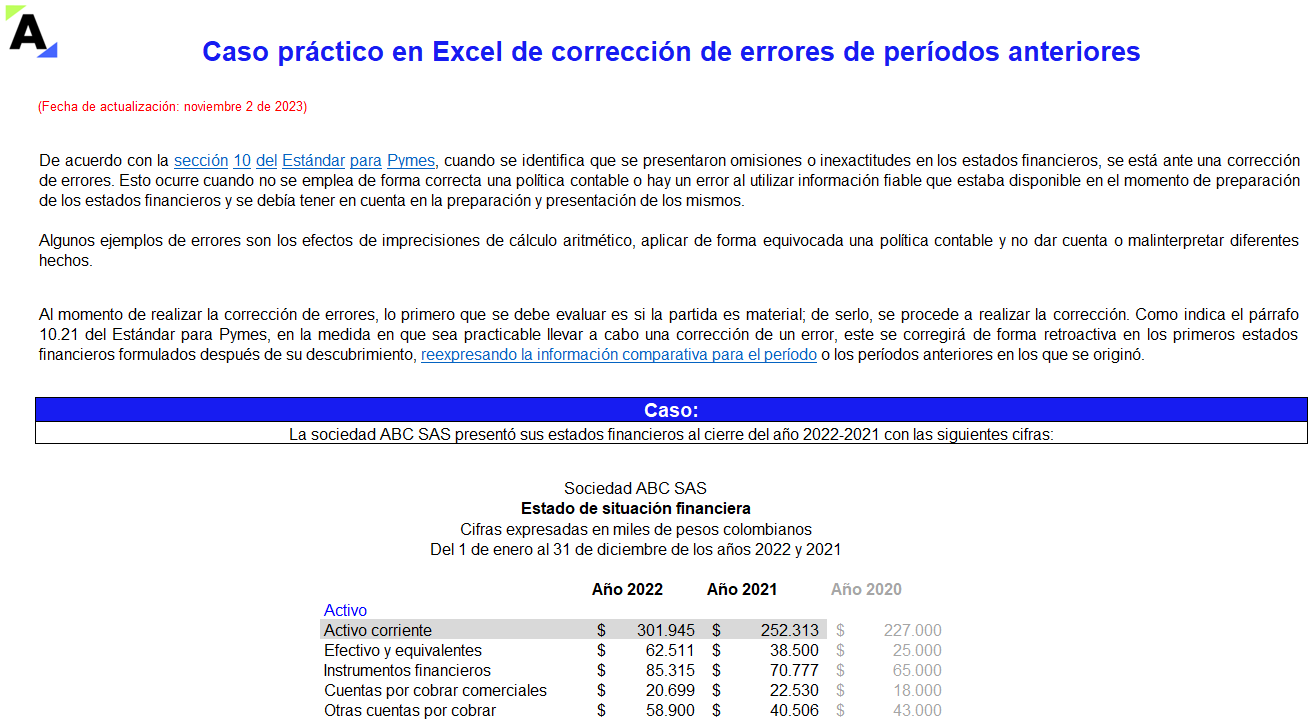 Caso práctico en Excel de corrección de errores de períodos anteriores