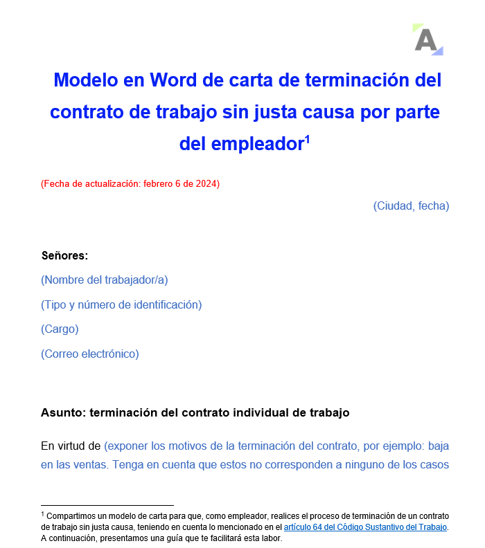 Modelo en Word de carta de terminación del contrato de trabajo sin justa causa por parte del empleador